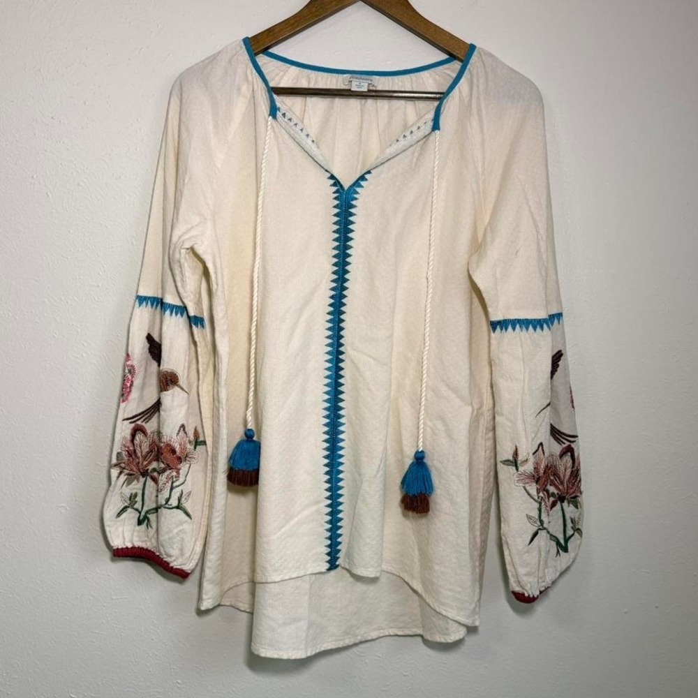 Sundance Tunic Top Womens Size Small Bird Floral Embroidery Botanical
